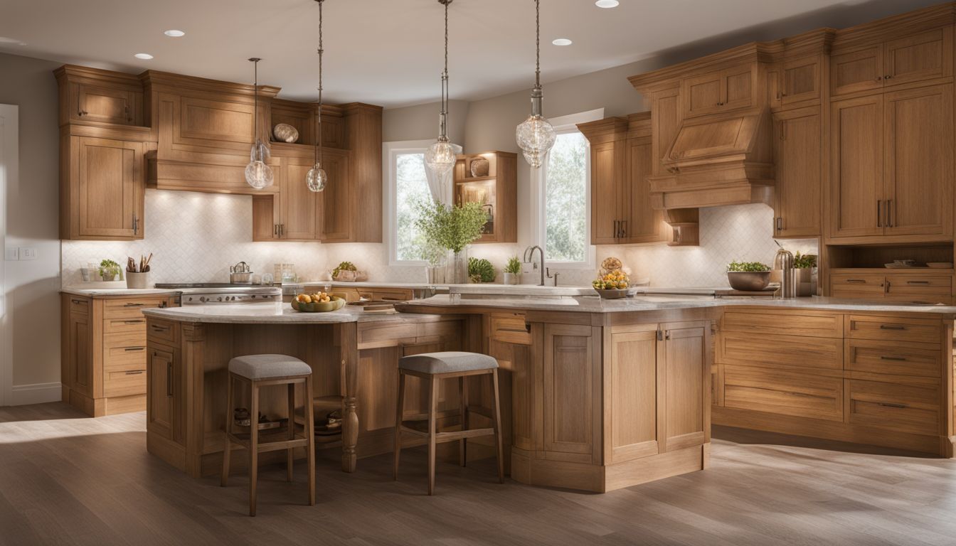 A photo of oak cabinets in a well-lit kitchen with varied individuals.