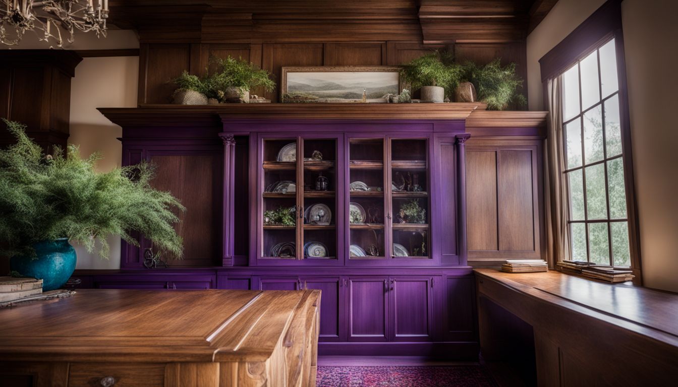 A photograph of an oak cabinet surrounded by diverse decor.