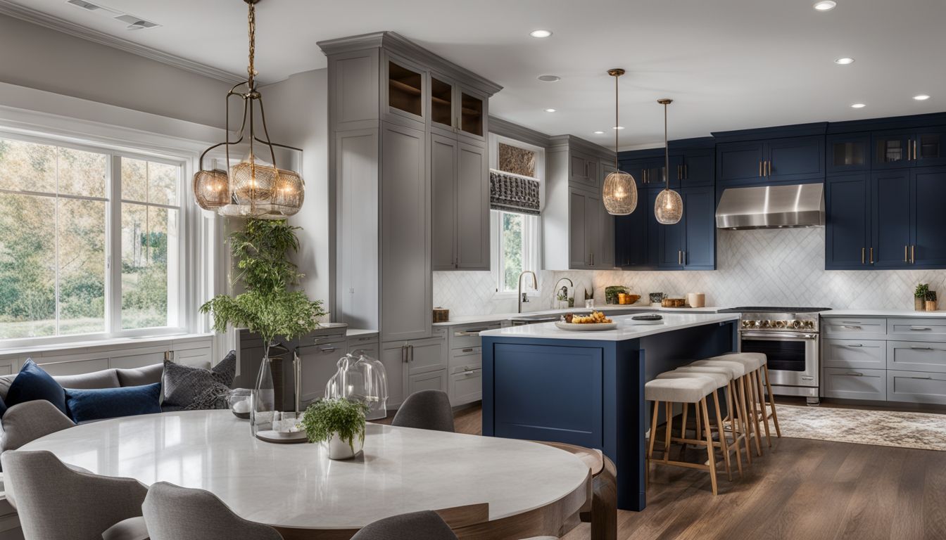 A photo of two-tone kitchen cabinets with light gray and navy blue cabinets.