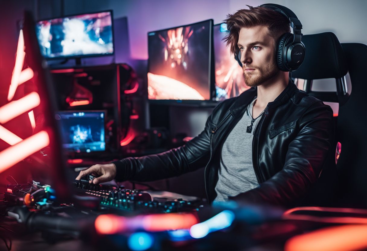 A professional gamer surrounded by high-performance gaming equipment at their desk.