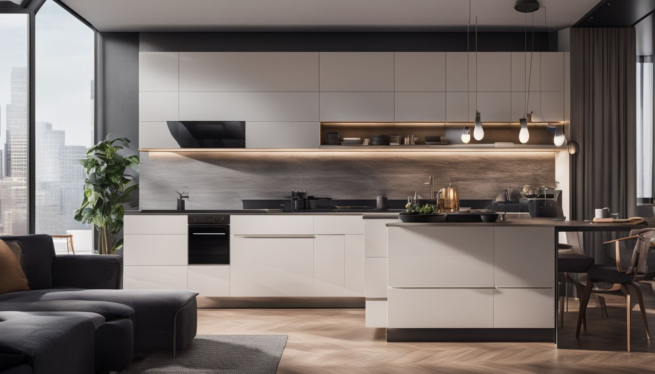 A modern kitchen with a sleek cabinet and sink in focus.