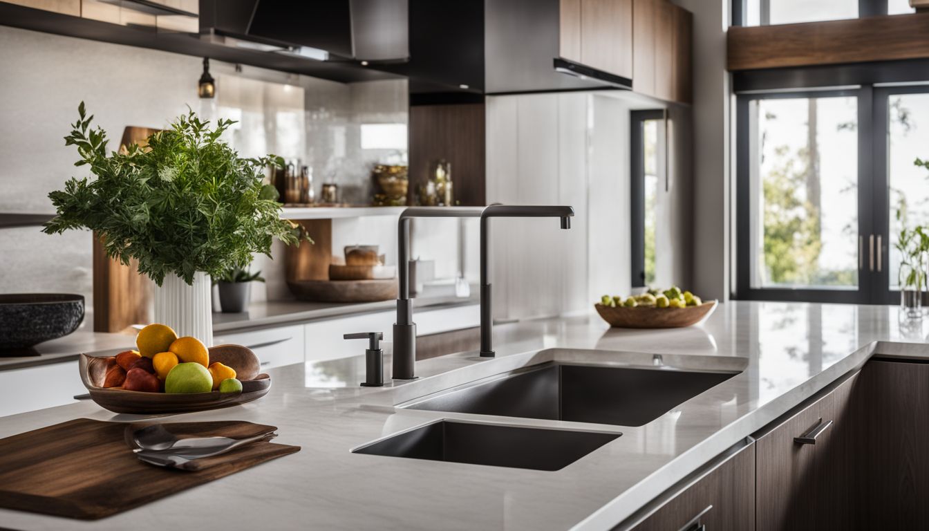 A modern kitchen sink with sleek design surrounded by beautiful countertops and cabinets.