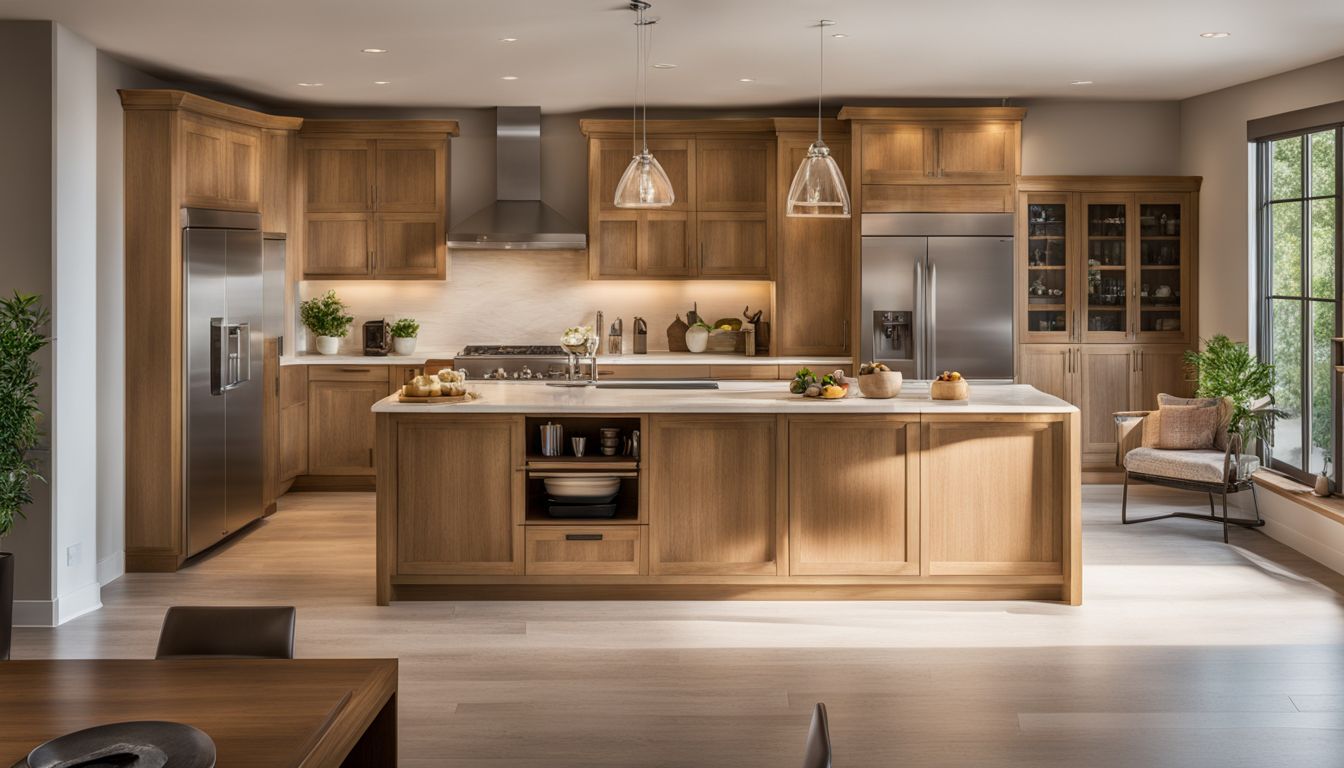 A well-lit kitchen with oak cabinets featuring accent and task lighting.