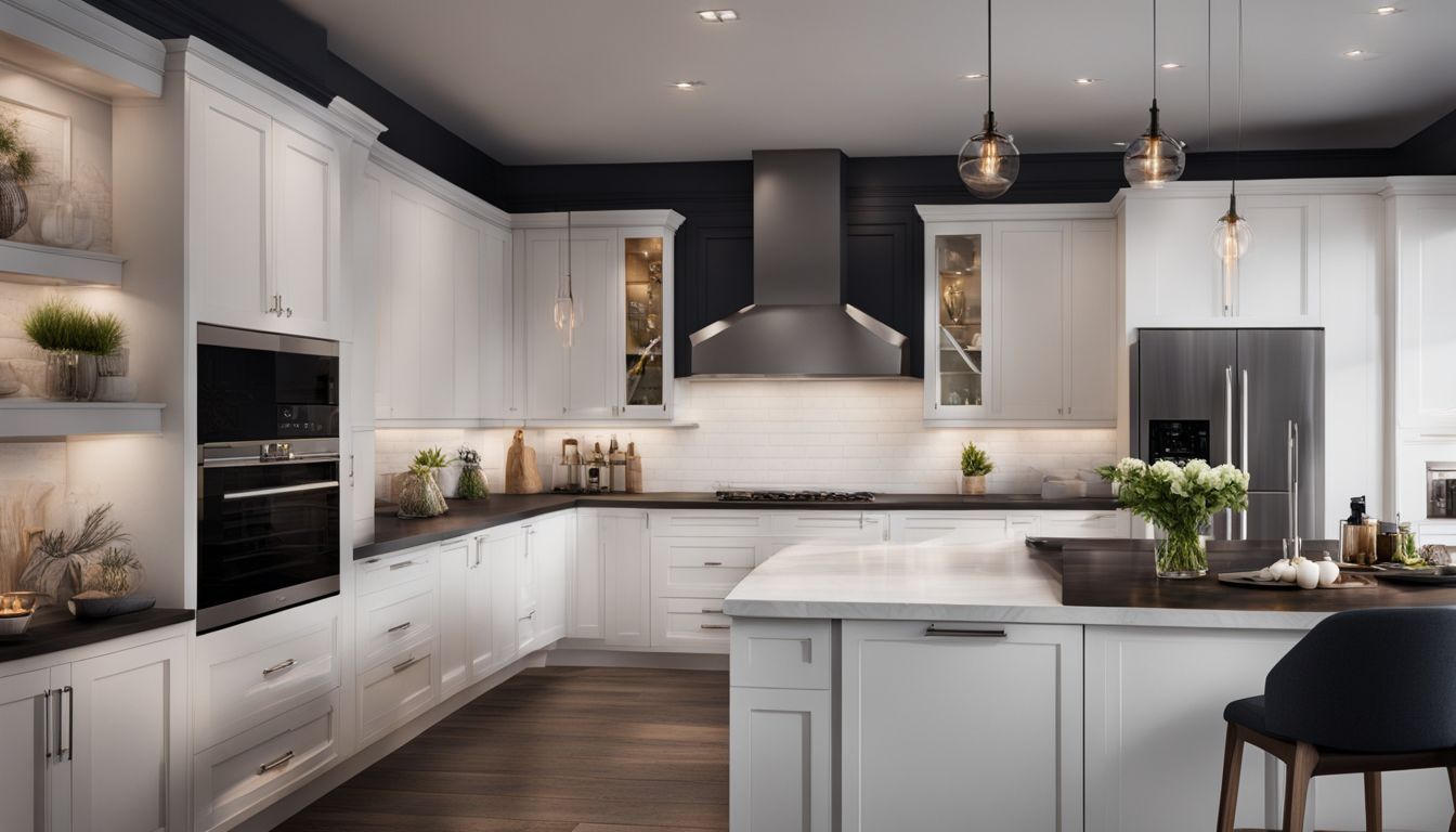A modern kitchen with white cabinets and black countertops.