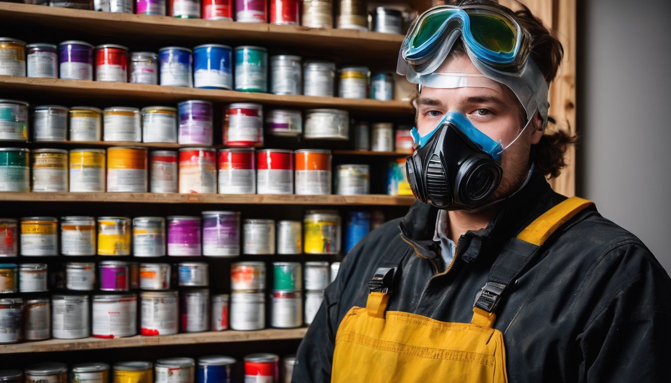 A painter in protective gear stands in front of a colorful cabinet.