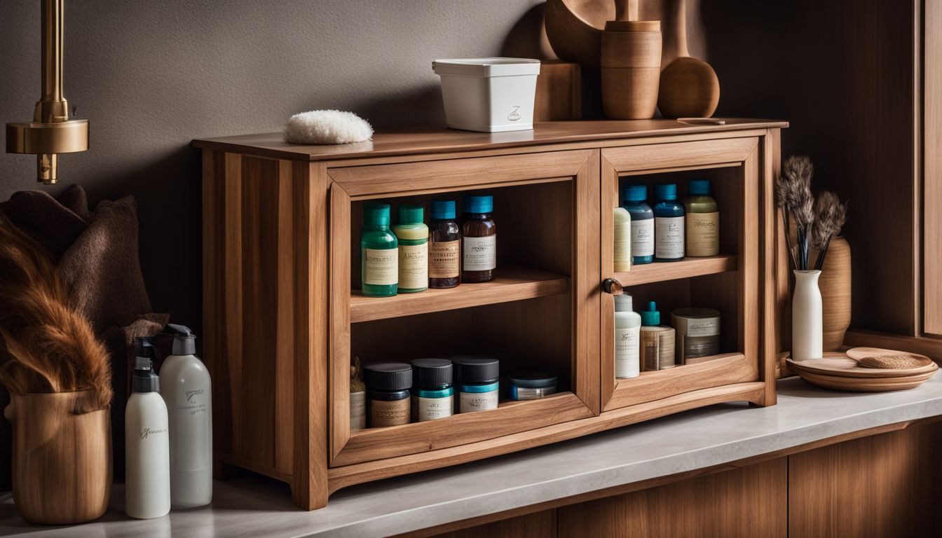 A photo of a beautifully crafted wooden cabinet with cleaning products.