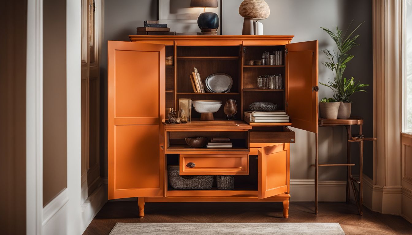A close-up photo of an orange oak cabinet.