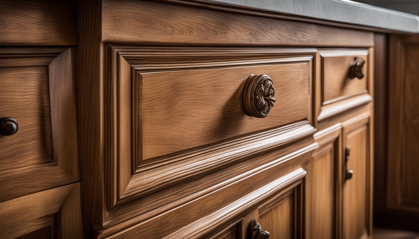 Closeup photo of a beautifully crafted oak wood kitchen cabinet.