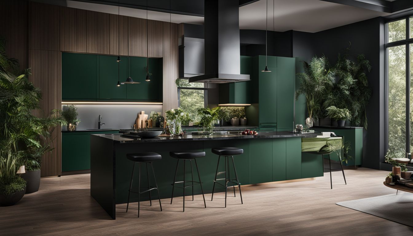 A modern kitchen with dark green cabinets and black granite countertops.