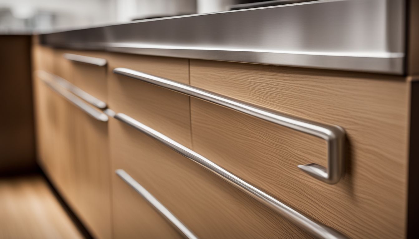 A close-up of sleek brushed nickel cabinet handles on a modern oak kitchen cabinet.