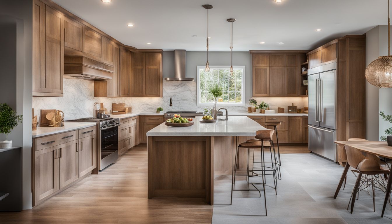 A modern kitchen with updated cabinets, hardware, and countertops.