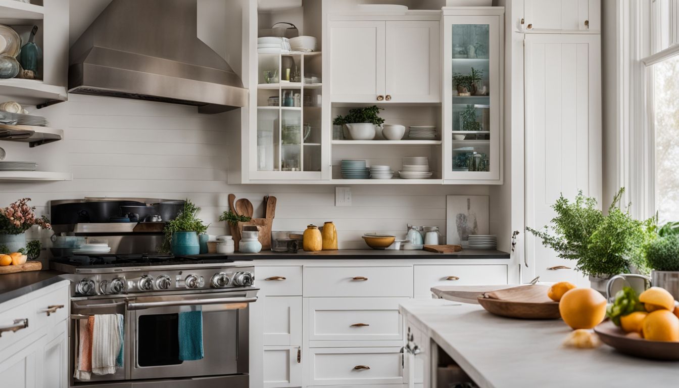 A kitchen with white cabinets and colorful dishes displayed on open shelving.