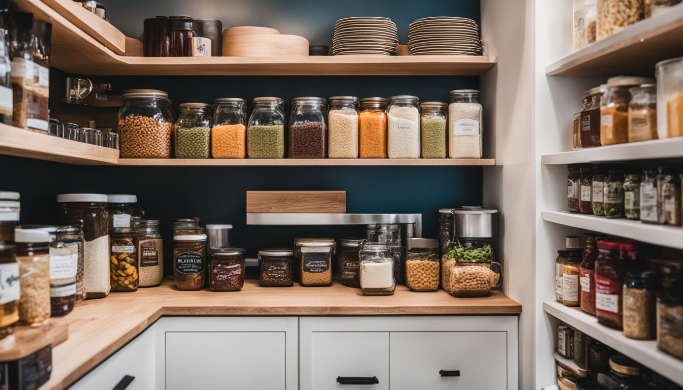 A well-organized pantry showcasing neatly arranged food items.