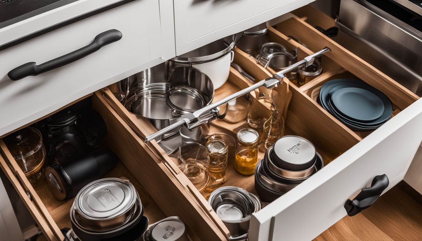 Neatly organized kitchen items stored above and below cabinets.