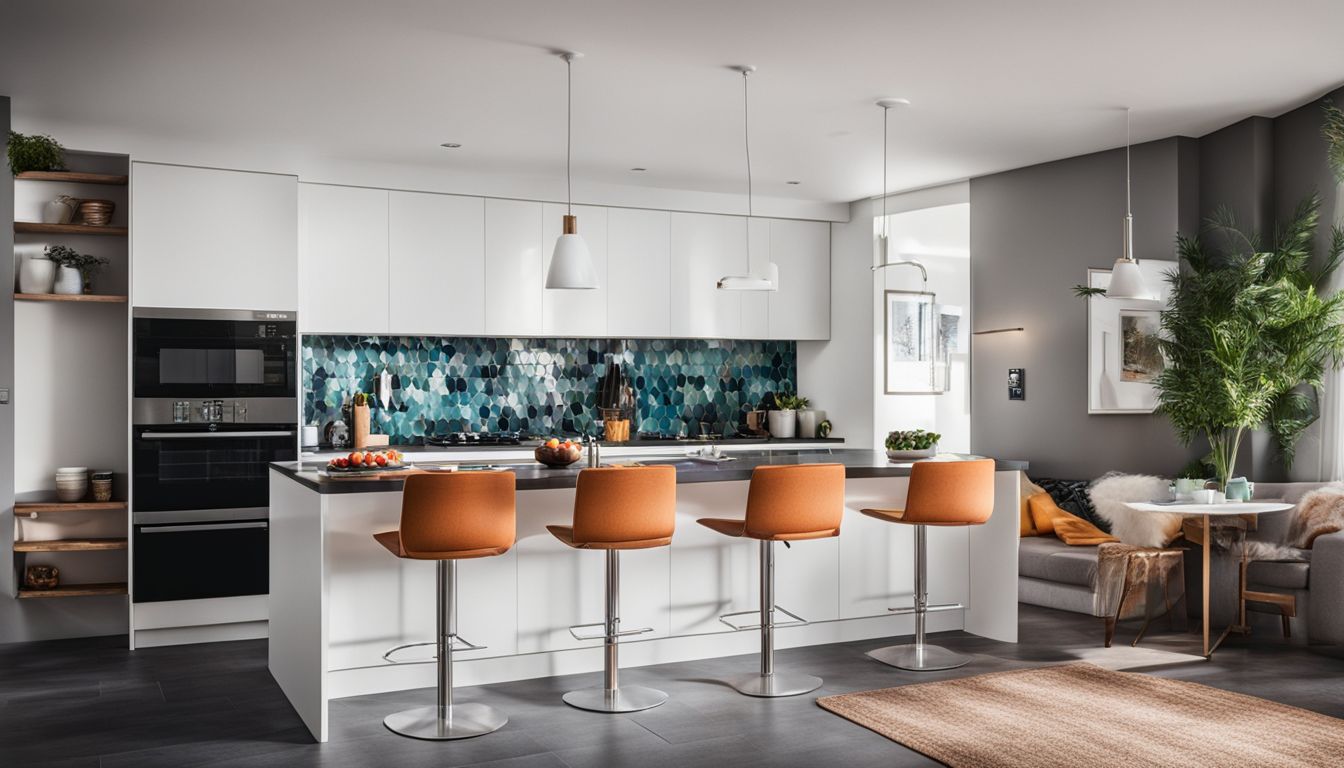A modern kitchen with white cabinets, black countertops, and colorful tiles.