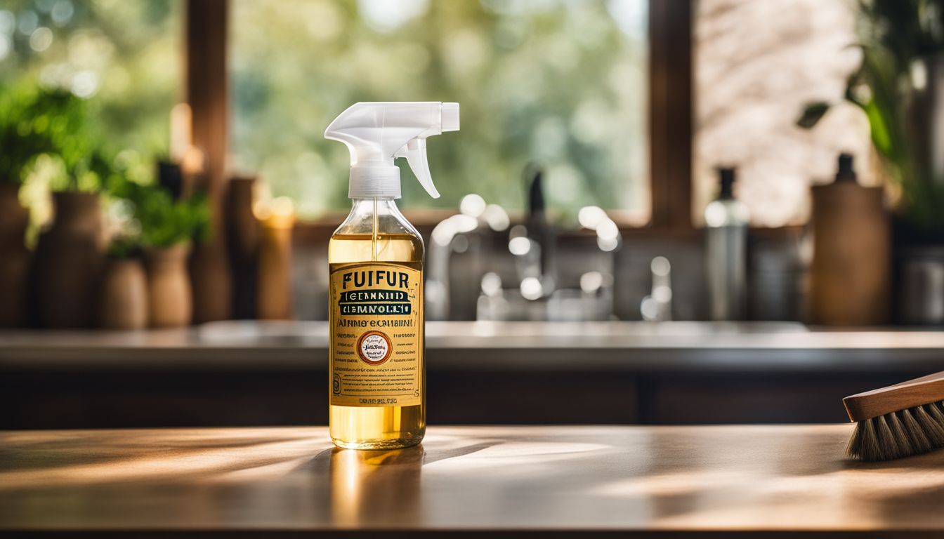 A spray bottle of vinegar and cleaning supplies on a wooden countertop.