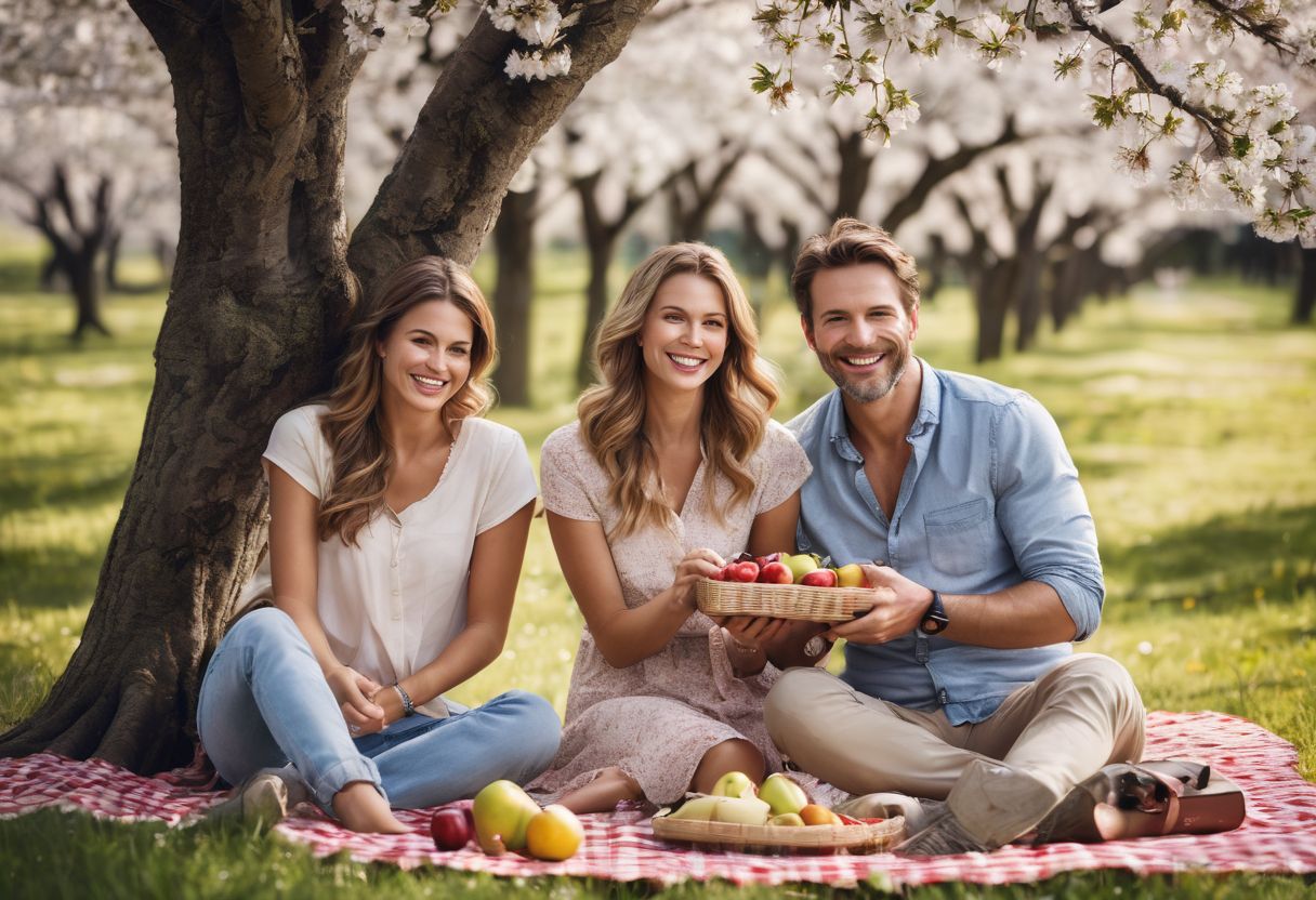Een glimlachend gezin geniet van een picknick onder een kersenboom.