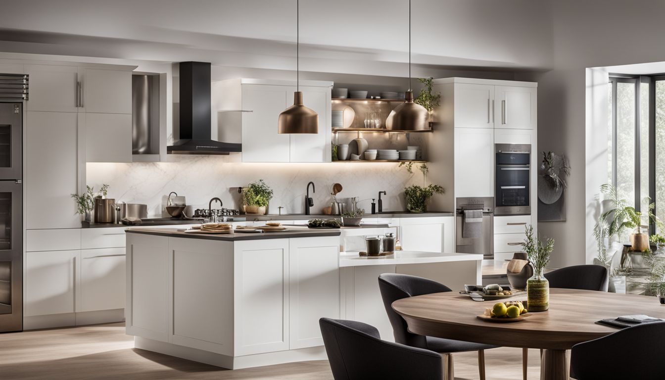 A modern kitchen with sleek white cabinets showcasing organized dishes and glassware.