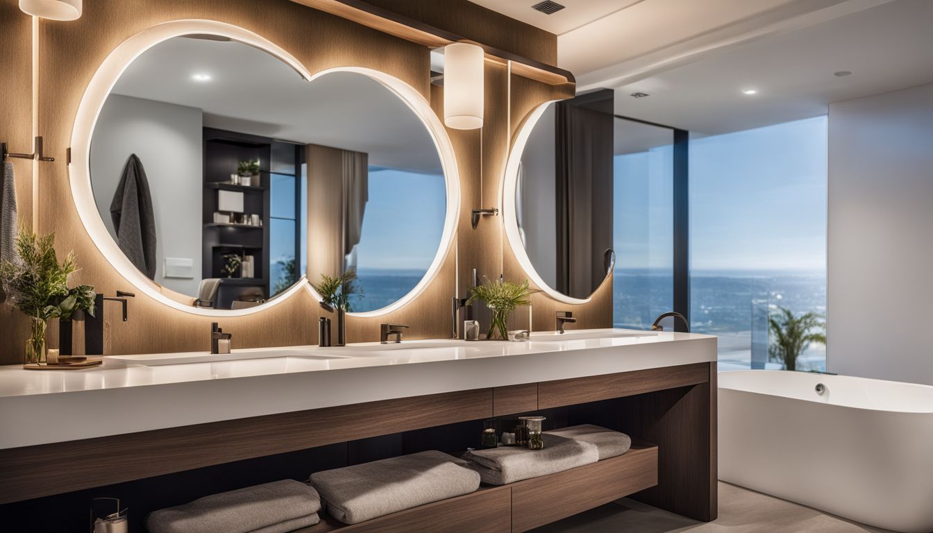 A modern bathroom with stylish decor and accessories.