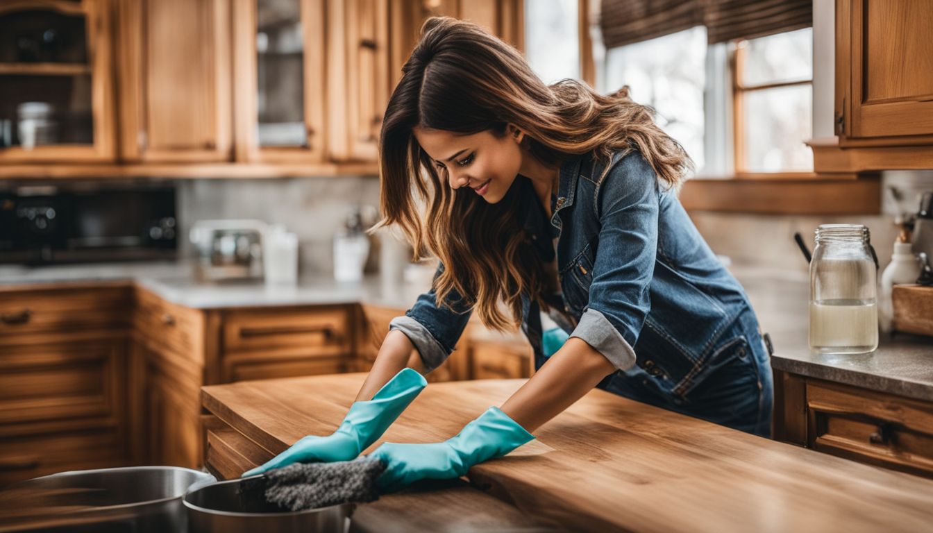 A person cleans greasy wood cabinets with a natural cleaning solution.