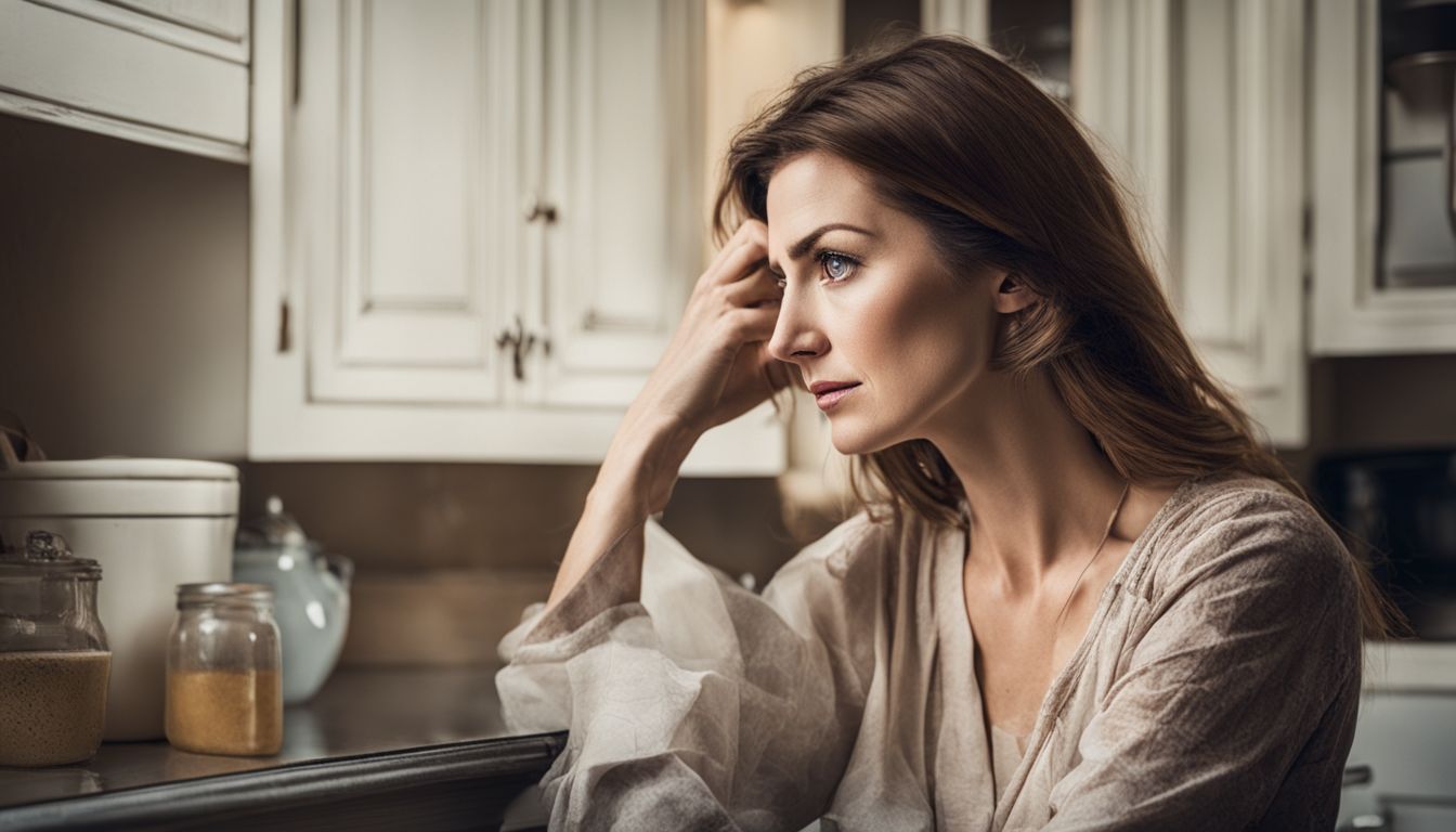 A frustrated woman looks at worn-out kitchen cabinets in a photograph.
