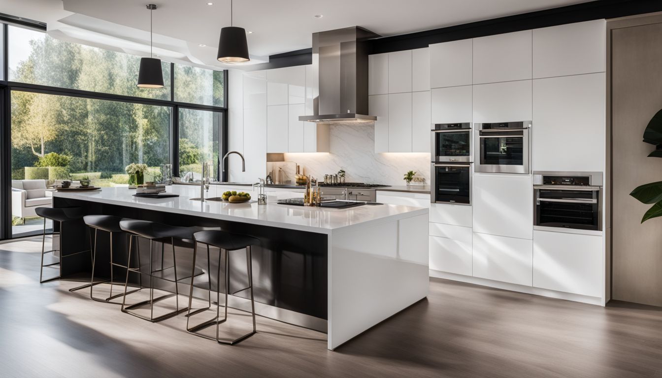 A contemporary white kitchen with black granite countertops and a bustling atmosphere.