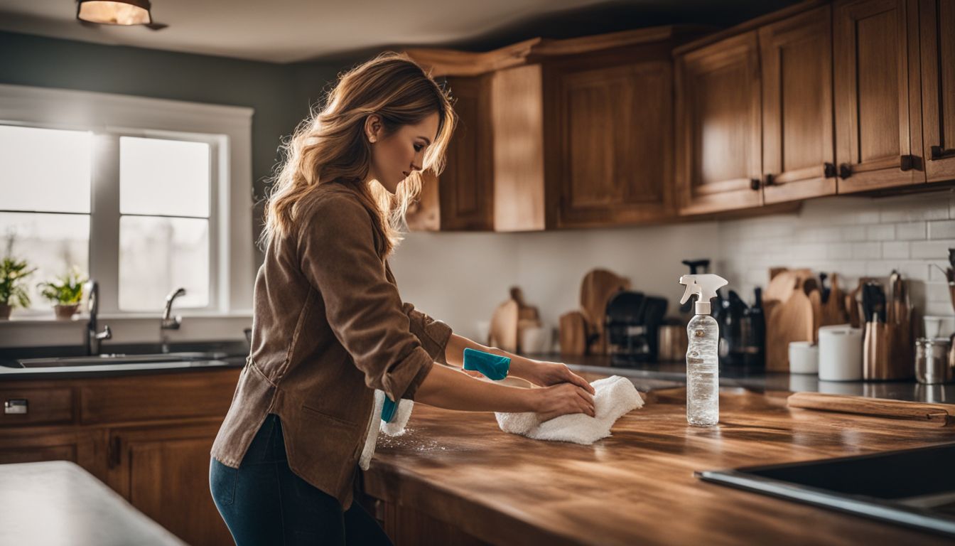 A woman cleans wooden kitchen cabinets with vinegar and water.