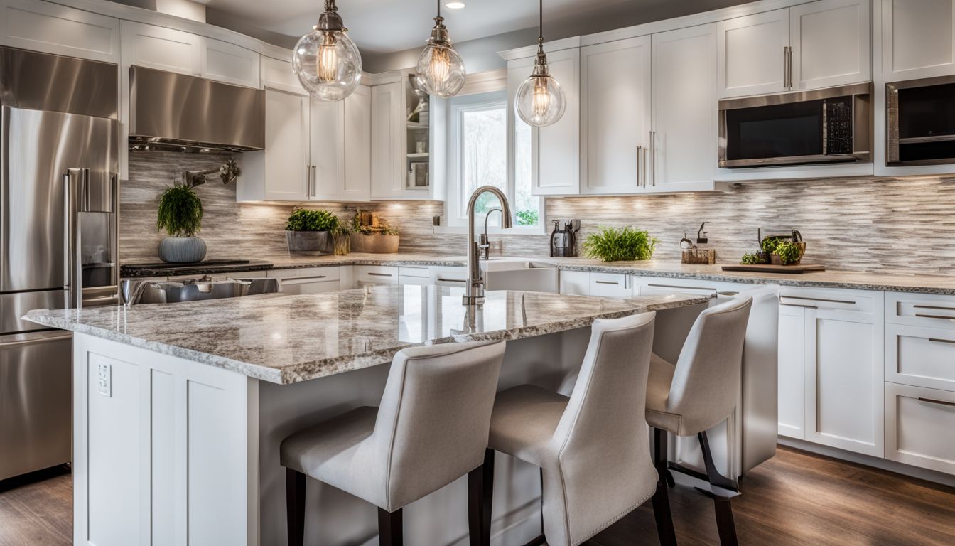 A modern kitchen with white cabinets, granite countertops, and stylish backsplash.