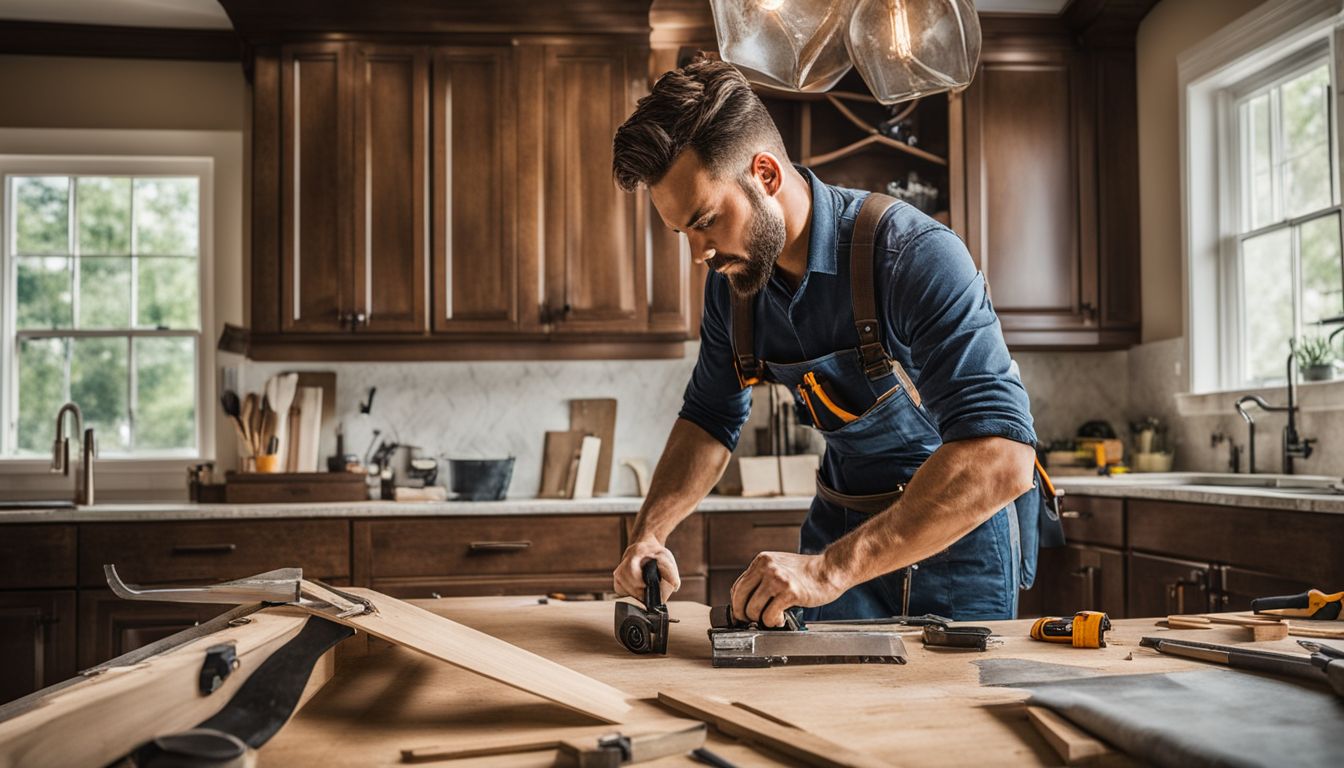 A professional carpenter refacing kitchen cabinets surrounded by tools and materials.