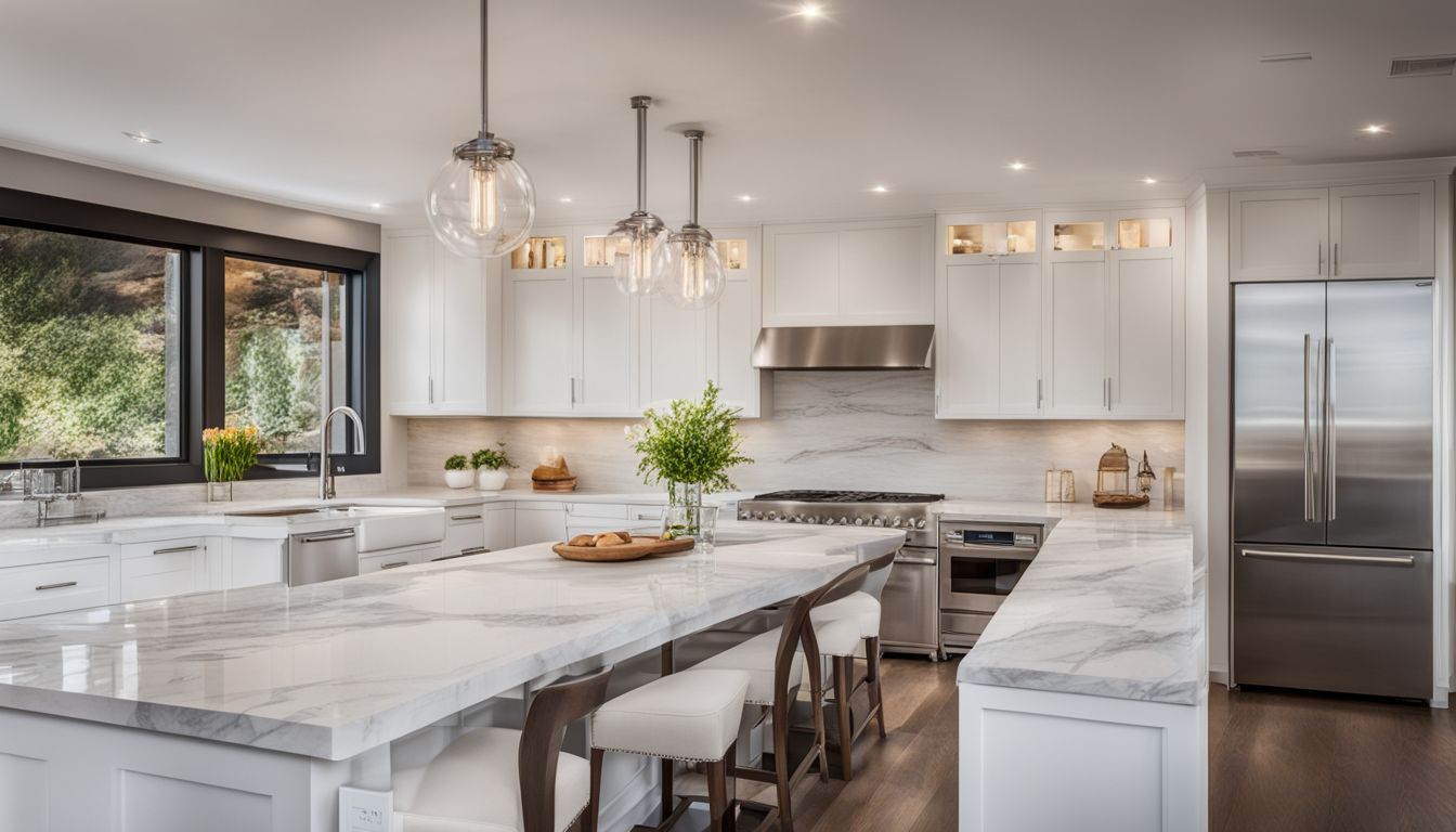 A modern kitchen with sleek white cabinets, stainless steel appliances, and a marble countertop.