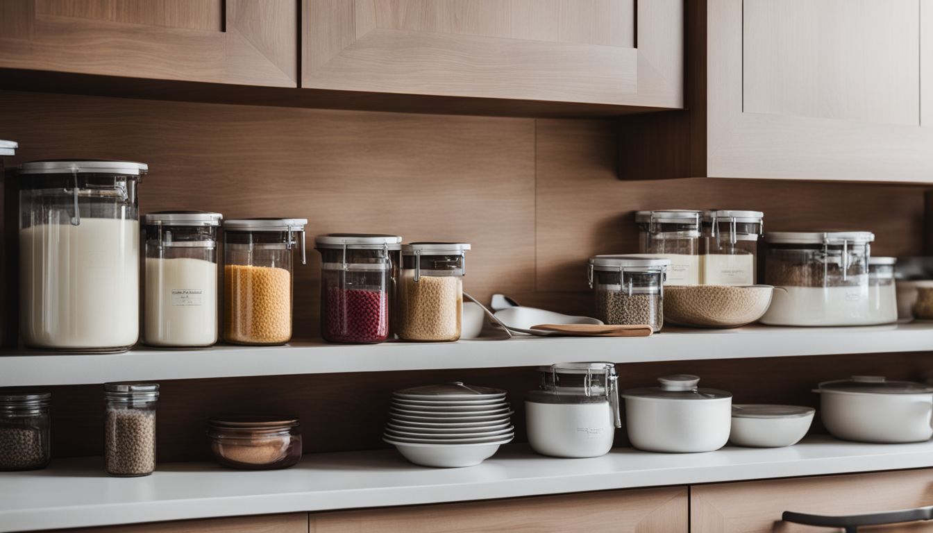 A photo of neatly organized kitchen cabinets with labeled containers and utensils.
