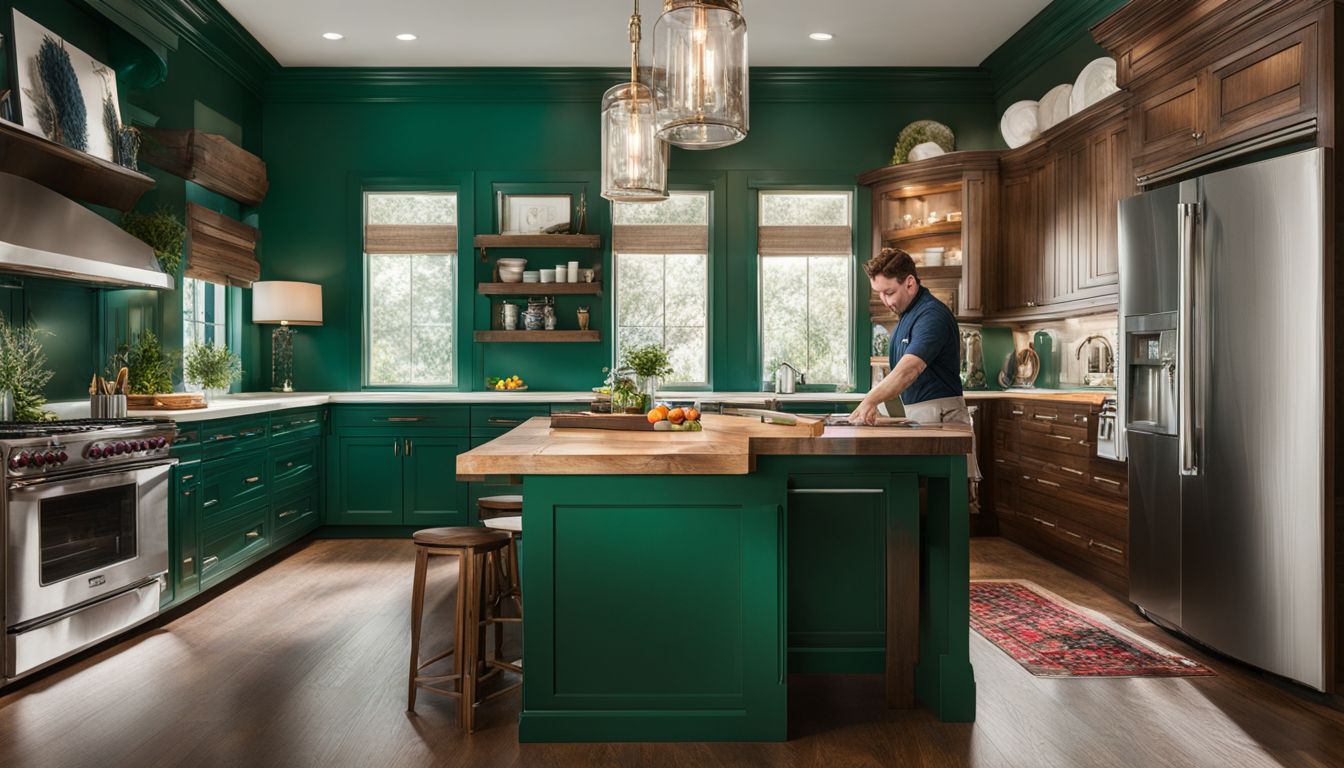 A professional painter uses Sherwin Williams Emerald Urethane to transform kitchen cabinets.
