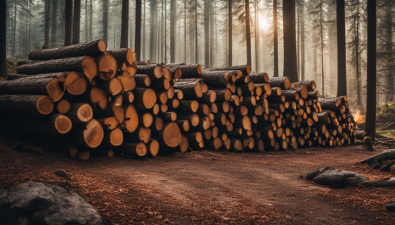 A stack of logs in a forest photographed using professional equipment.