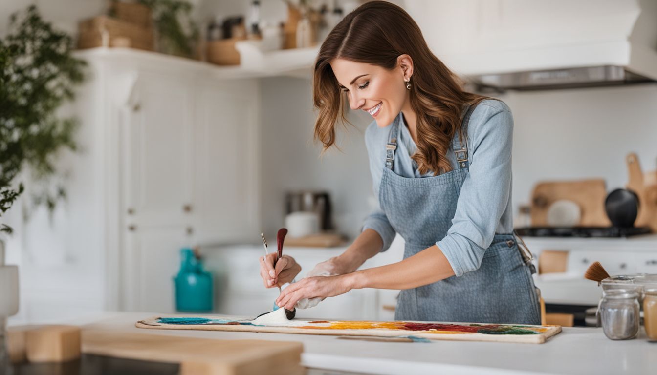 A woman painting kitchen cabinets with environmentally-friendly paint in a bright room.