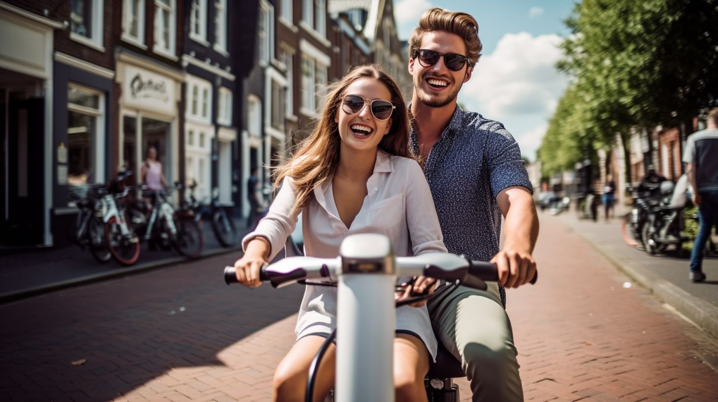 Jong stel rijdt blij op een scootmobiel door de straten van Utrecht.