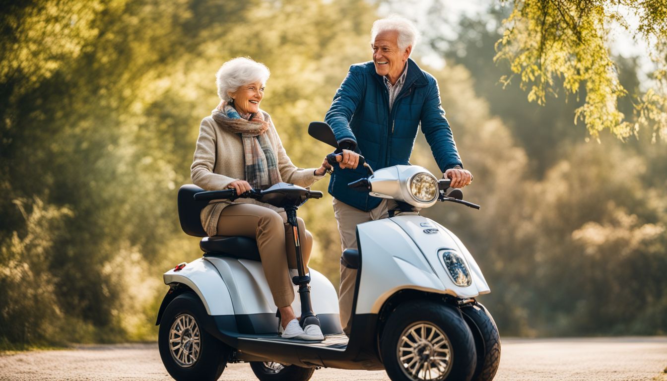 [Summary]: Een ouder echtpaar test een veilige en stabiele 4-wieler scooter.