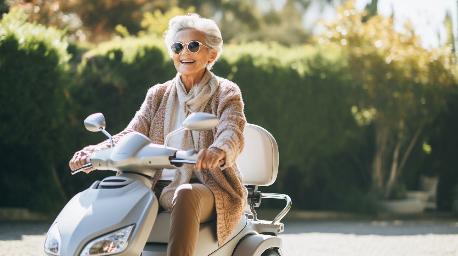 Een oudere vrouw rijdt elegant op een aangepaste scootermobiel.