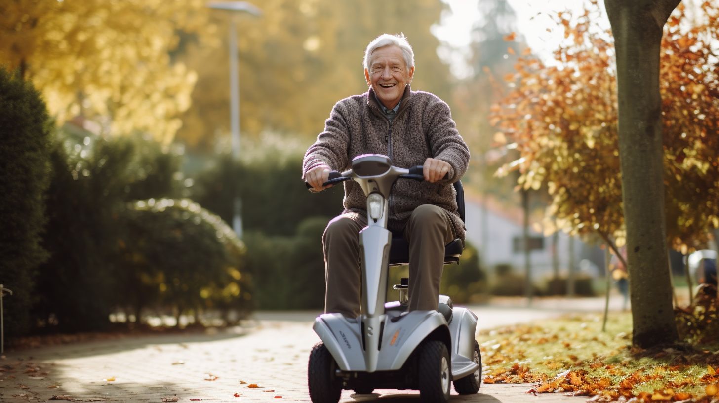 Een gelukkig oud echtpaar dat samen op een scootmobiel rijdt in een schilderachtig park.
