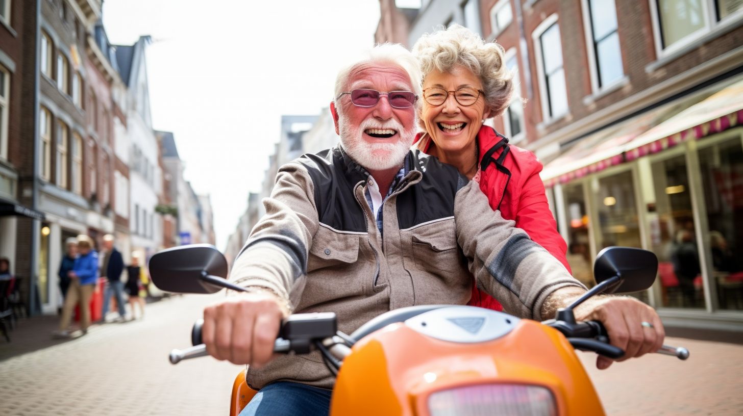 Een gelukkig ouder echtpaar rijdt op een gehuurde scootmobiel door de straten van Utrecht.