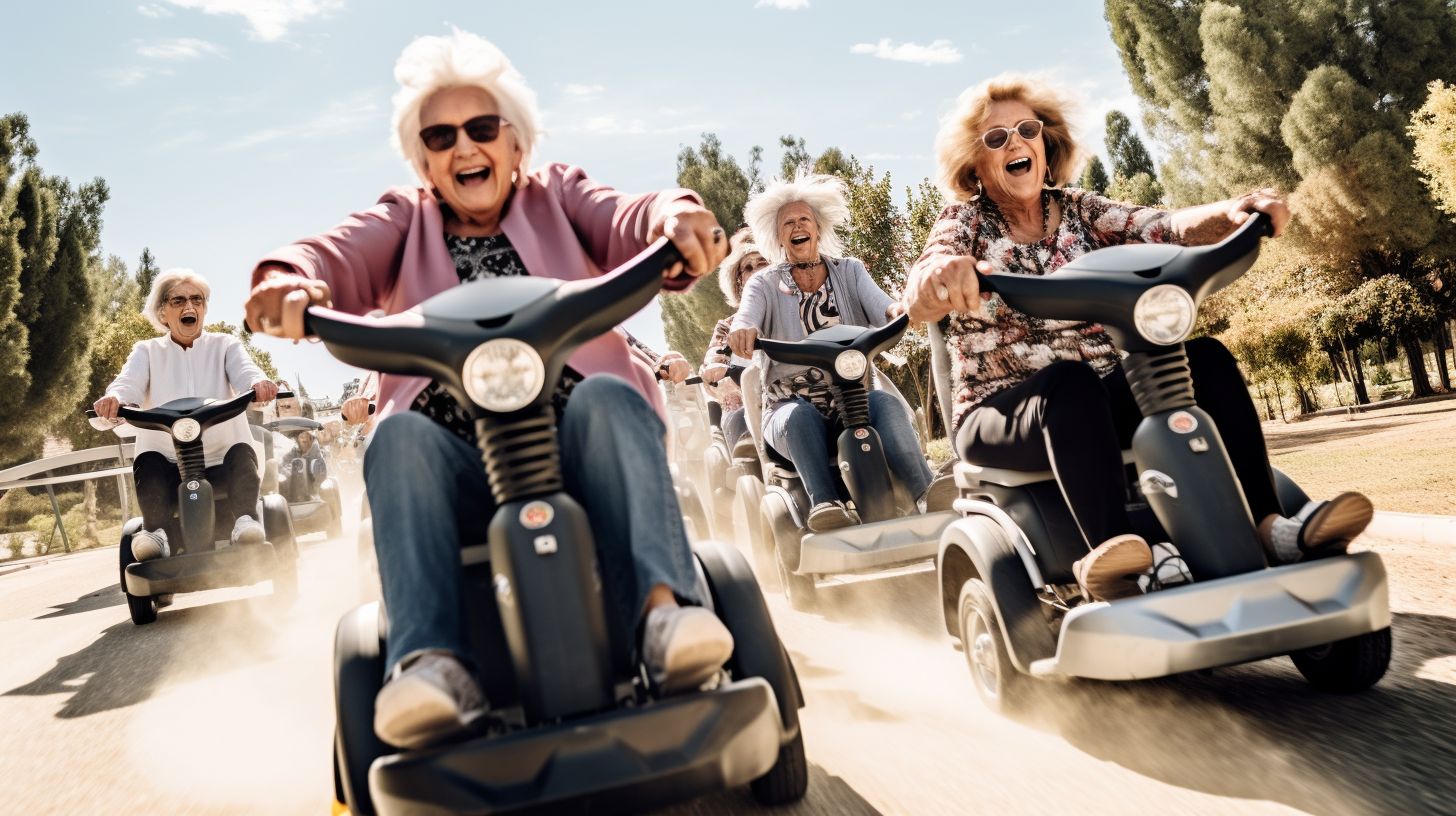 Een diverse groep ouderen rijdt gelukkig op scootmobielen in een park.