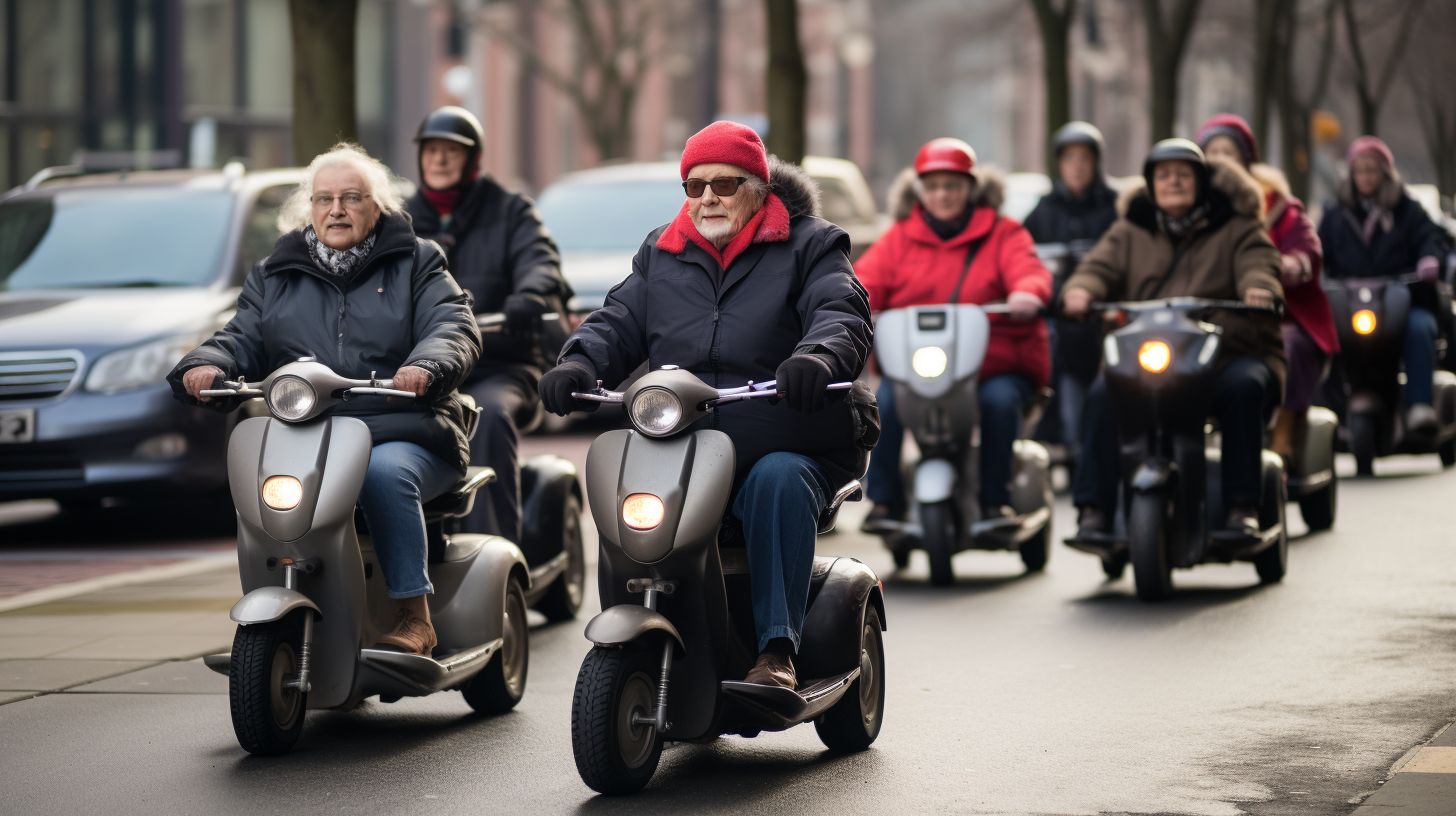 Een verzameling oudere mensen van verschillende leeftijden rijdt op verschillende soorten scooters in het park.