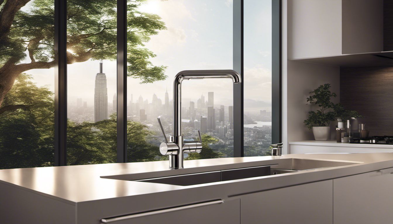 A contemporary kitchen with a sleek faucet, urban backdrop, and natural elements.