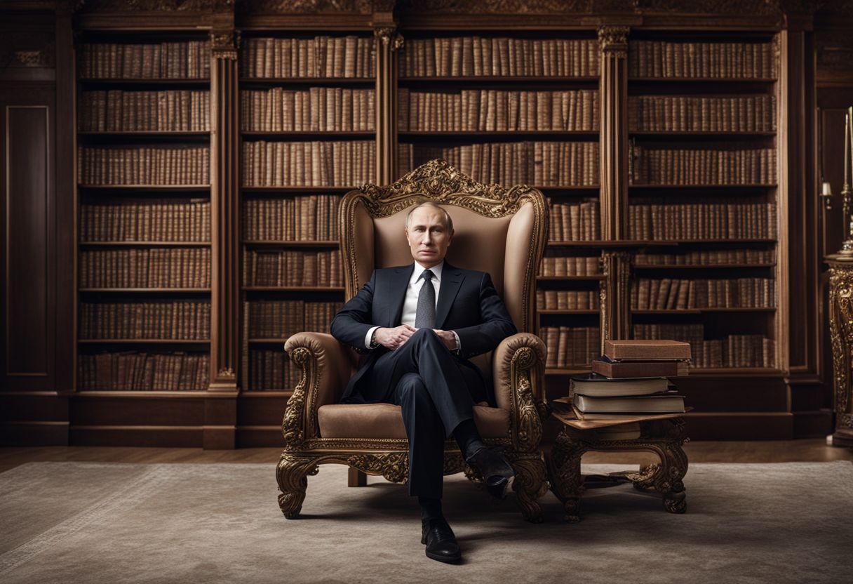 An elderly Vladimir Putin surrounded by books in a regal chair.