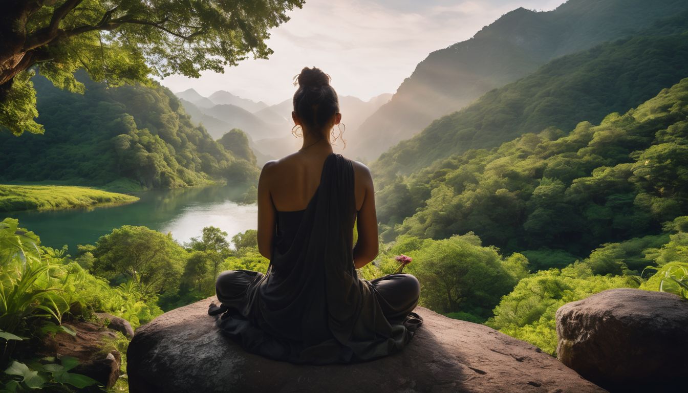 A person meditating in a serene natural environment surrounded by lush greenery.
