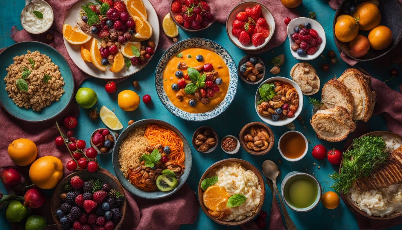 A variety of nutrient-rich foods arranged beautifully on a colorful table.