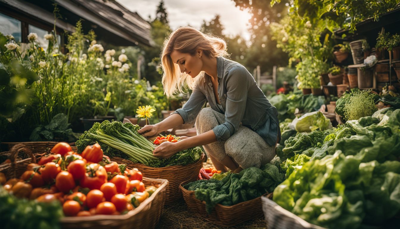 A woman picking fresh vegetables from her vibrant garden.
