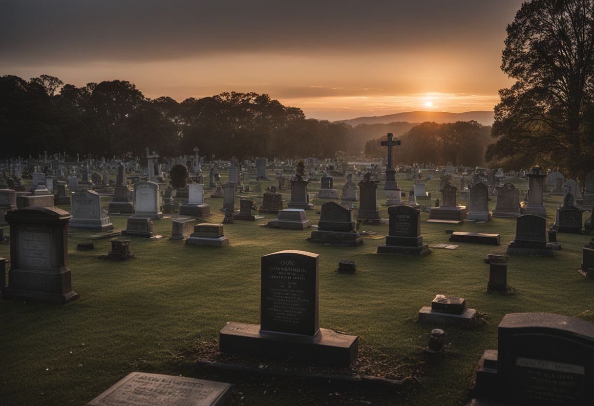 A serene sunset over a cemetery with Ray Stevenson's gravestone.