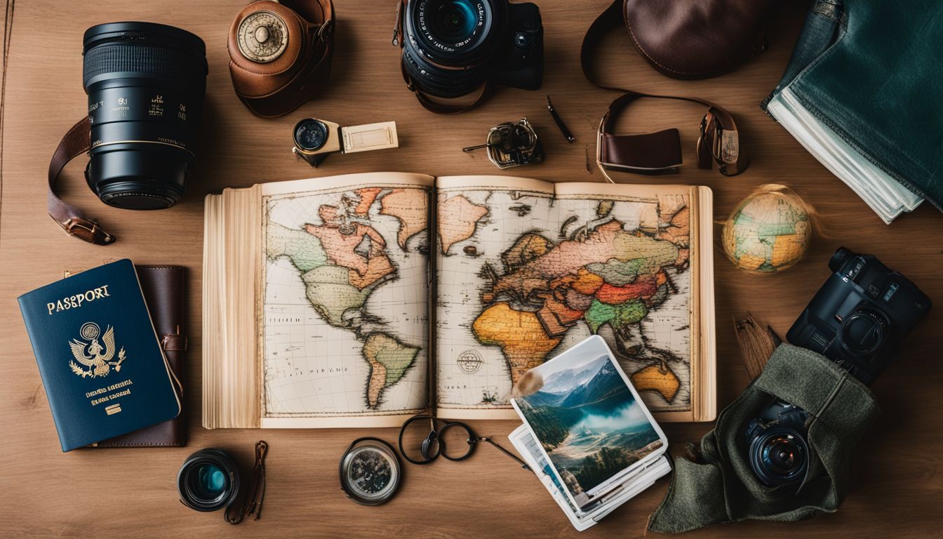 A collection of travel essentials including a passport, map, and camera while planning your travel safety.