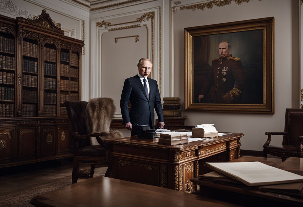 A photo of Vladimir Putin standing at his desk in the Kremlin.
