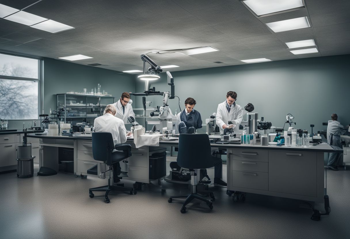 A well-equipped forensics lab with busy scientists and medical tools.